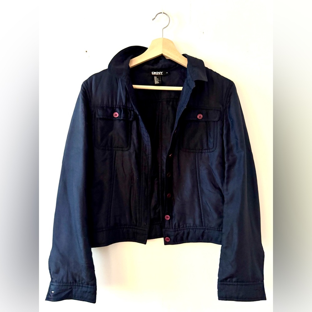 DKNY Padded Silk Jacket with Purple Buttons